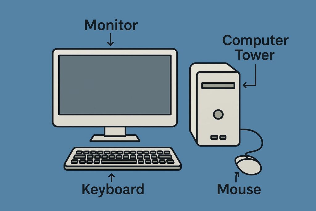 labeled desktop computer parts:- monitor, CPU, keyboard , and mouse .